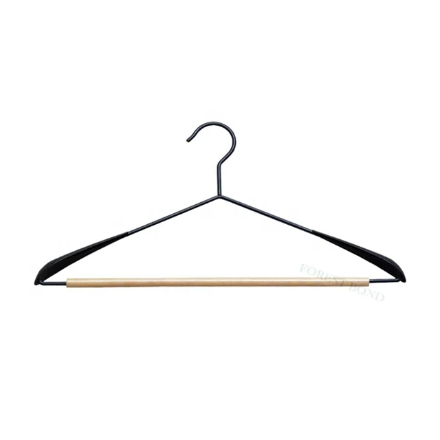 Elegant Black Color Powder Coating Metal Coat hanger Wide Shoulder Metal Clothes Hanger With Wooden Bar