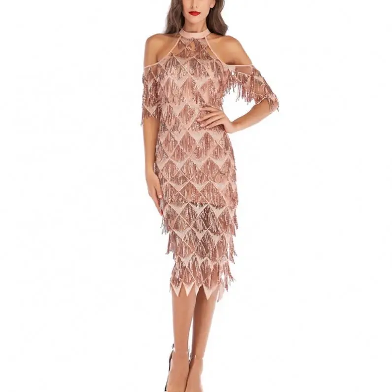 
Cold Shoulder Tassel Sexy Cocktail Dress Sequin Women 