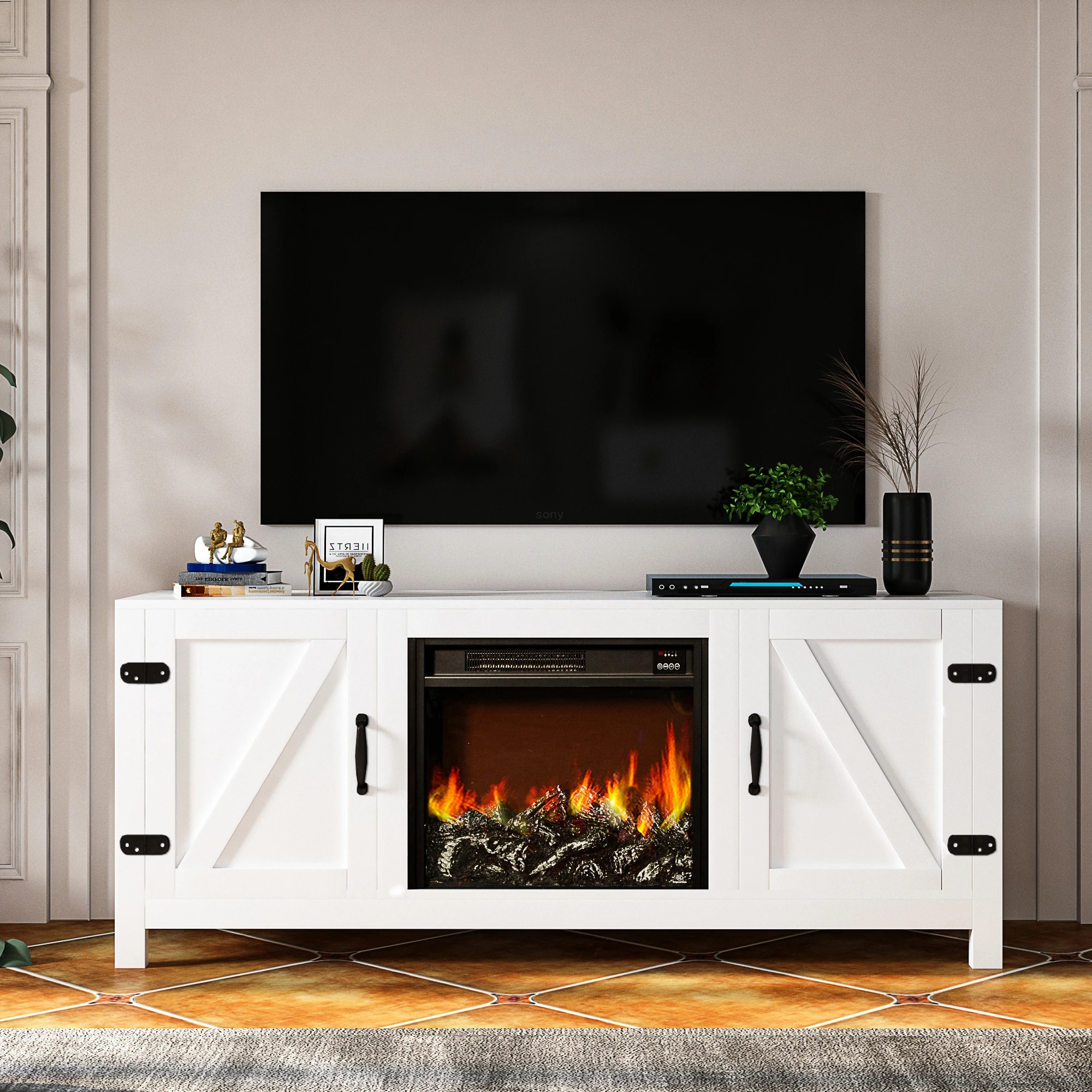 modern design wooden white long 72-inch electric fireplace tv stand cabinet floating wall media console for lving room