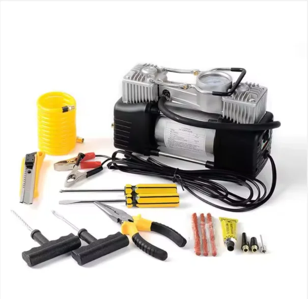 Portable 12V DC Mini Air Pump Car Tyre Inflator Heavy Duty Double Cylinder Auto Digital Tire Inflator Tool Set Black
