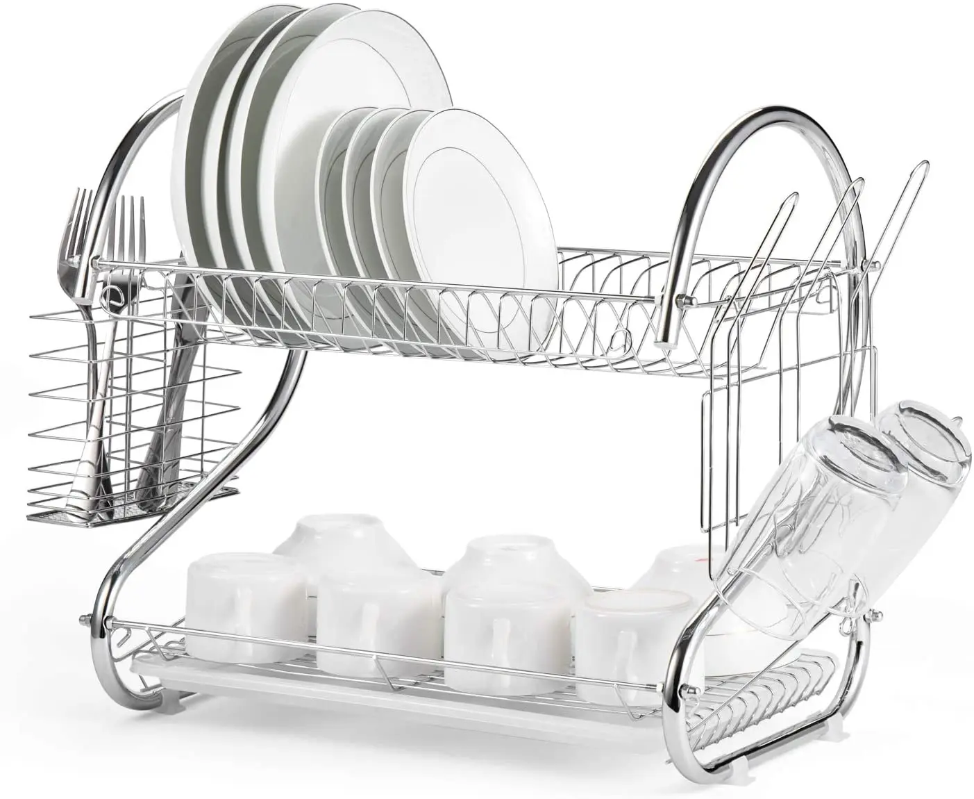 2-Tier Full Sized Dish Drying Rack with Utensil Holder and Cup Holder with Dish Water Drain Board Tray Rustproof Chrome Plating