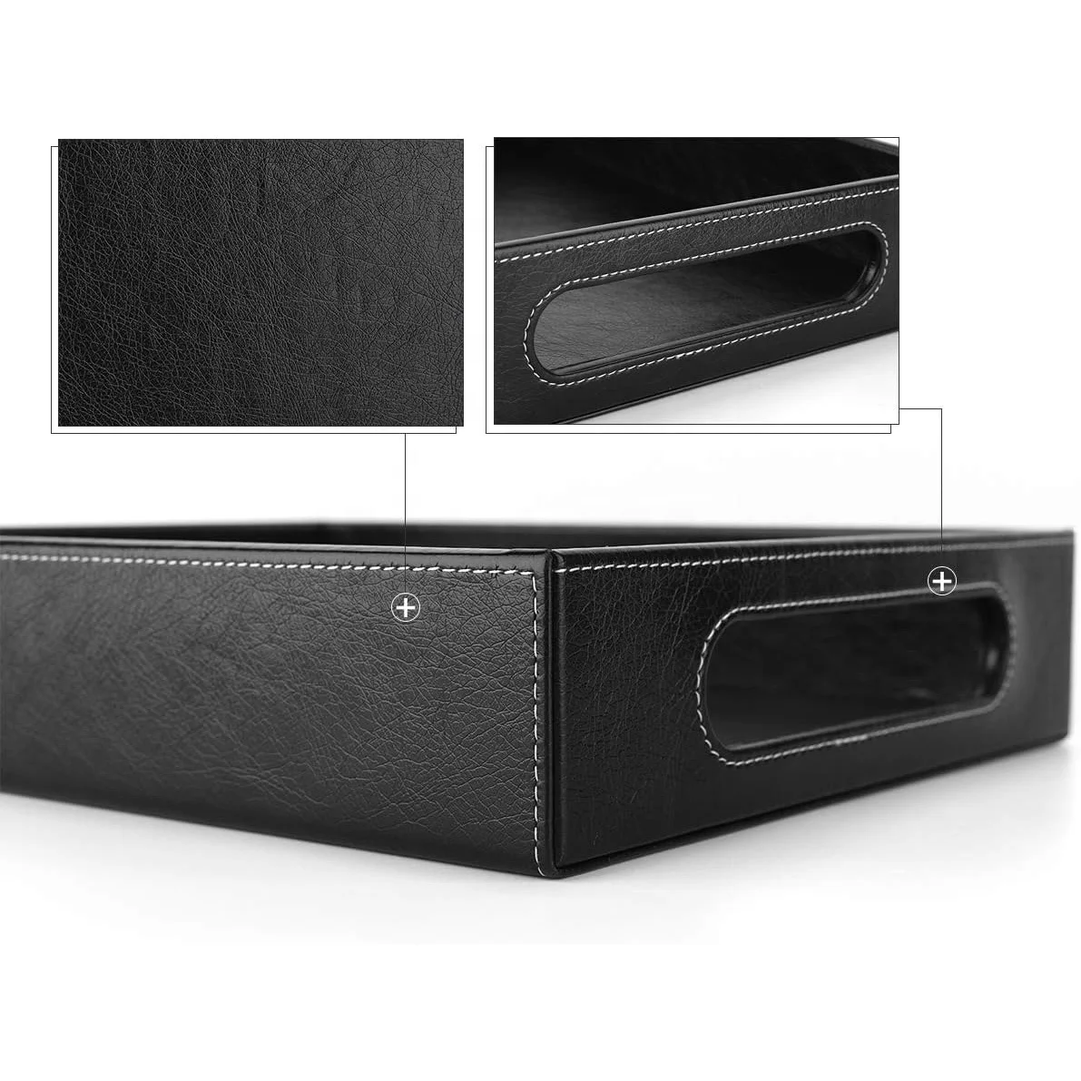 Custom Leather Valet Tray Black Leather Storage Tray Office Tabletop Organizer Handles Design Jewelry Catchall PU Leather Tray