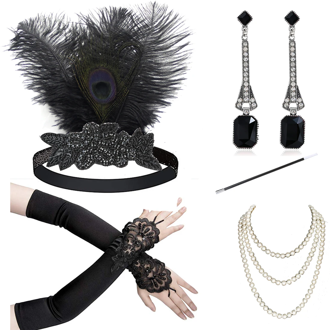 1920s Accessories for Women Flapper Headband Earrings Gloves Necklace Holder Great Gatsby Costume
