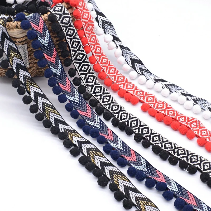 Wholesale Jacquard Pattern Pompom Lace Trims Pom Tassel Fringe Sewing on Webbing for Garment Textile Accessories
