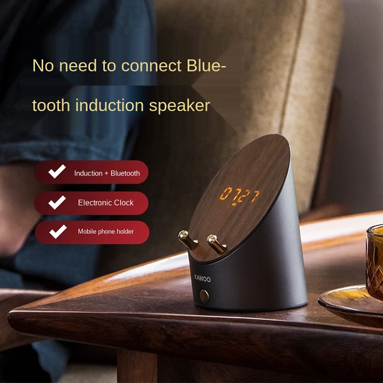 
New Wooden Digital Clock Loud Induction Smart Speaker Mobile Phone Holders Blue Tooth Speaker 