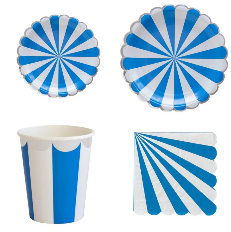 New hot stamping disc striped paper plate set high-end disposable tableware paper cup afternoon tea cake saucer