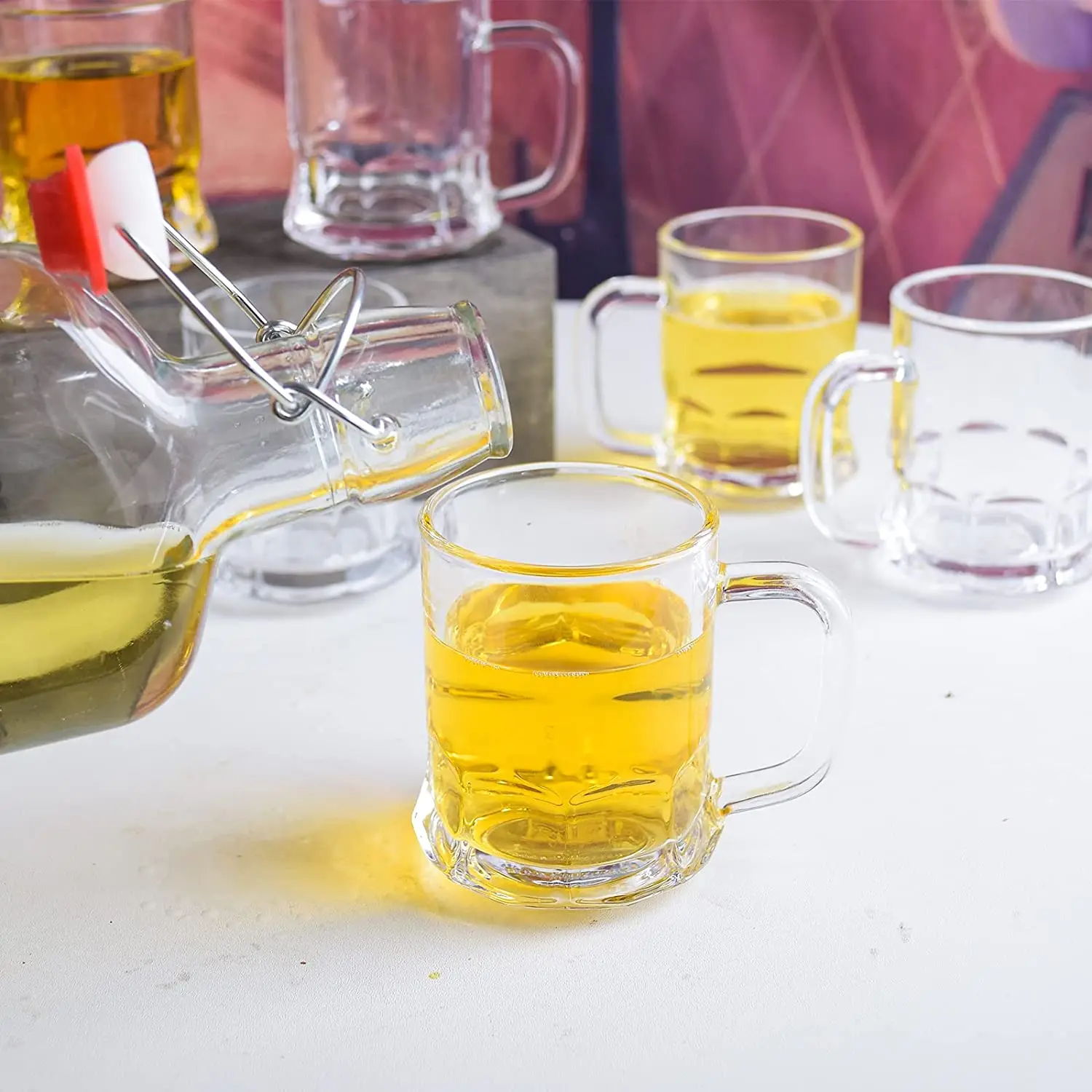 Mini Glass Beer Mugs with Handles Set 5oz Glass Beer Steins Tasting Glasses for Freezer, Beverage Drinking Glasses with Handle