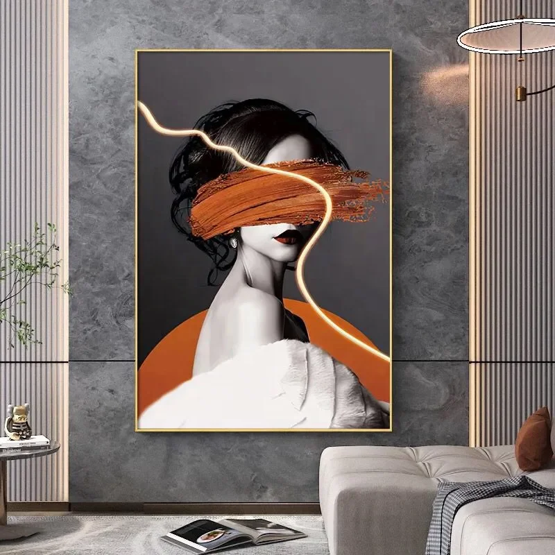 Light Luxury Living Room Porch Wall Large Hanging Painting Floor Painting LED Lights With Girl Characters Canvas Painting
