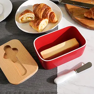 Custom ceramic food container round Rectangle Ceramic Large Butter Dish With Knife And Wooden Lid