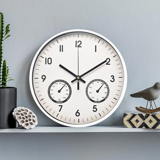 Custom 30cm Modern Wall Hanging Round Plastic Temperature Humidity Decorative Silent Non-Ticking Quartz Digital Clock