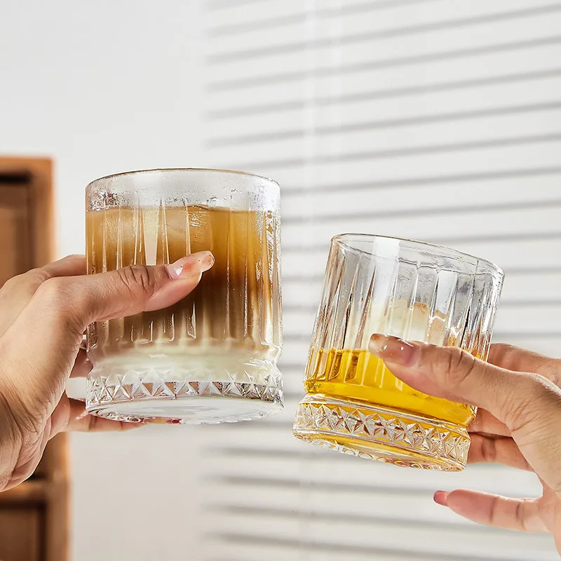 Ribbed Juice Water Drinking Cup Vertical Striped Borosilicate Hand Cut Ripple Tumble Round Whisky Glass Mug Beer Cup