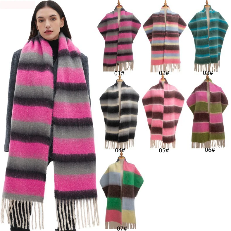 Hot Sale Autumn Winter Women Warm Knitted Shawl Vintage Patchwork Plaid Tassel Pashmina Scarf  Loop Yarn Tassel Cashmere Scarf