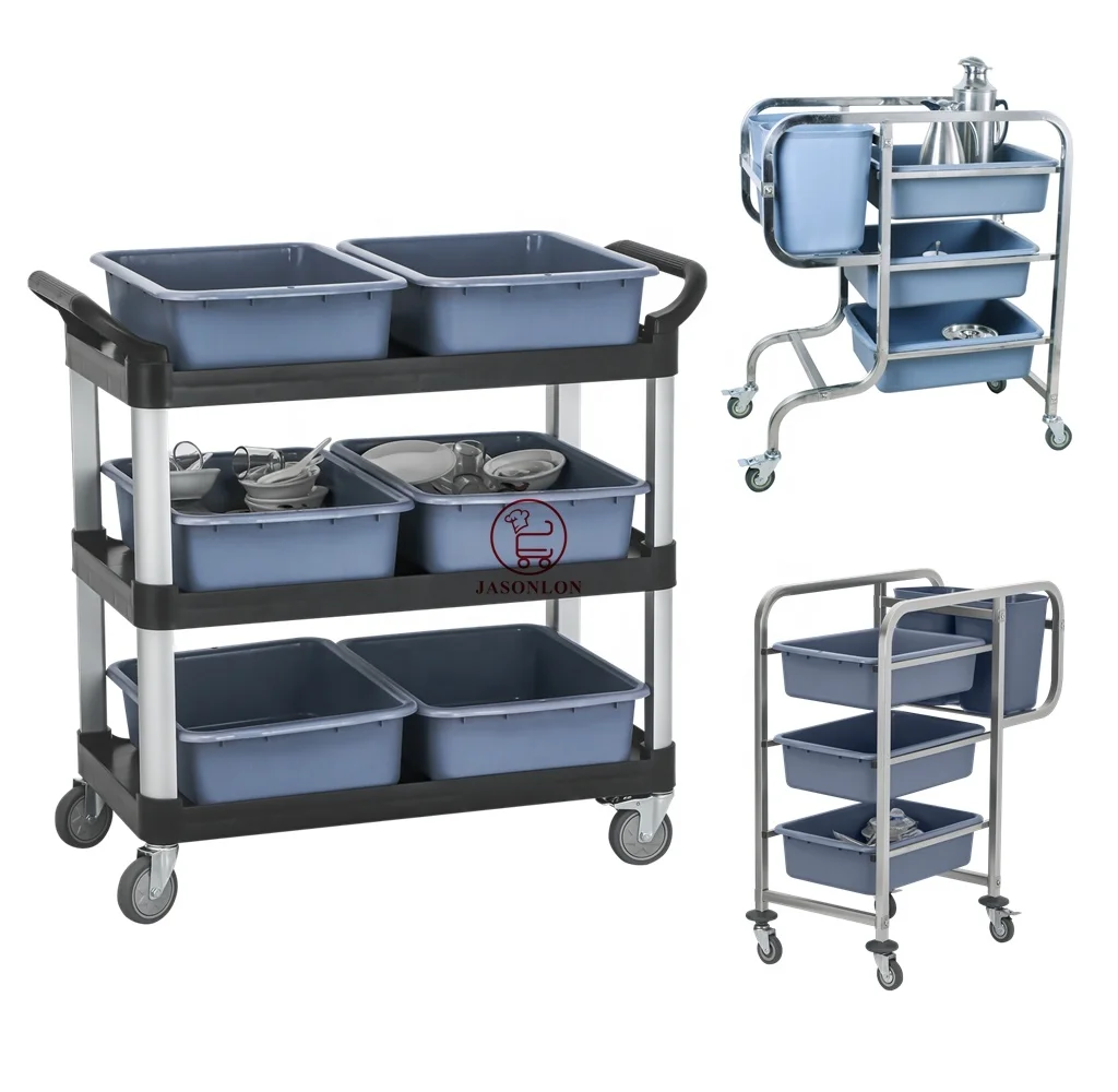 Factory prices hotel restaurant kitchen equipment 3 tier plastic service cart food trolley For black /gray food Serving Trolley