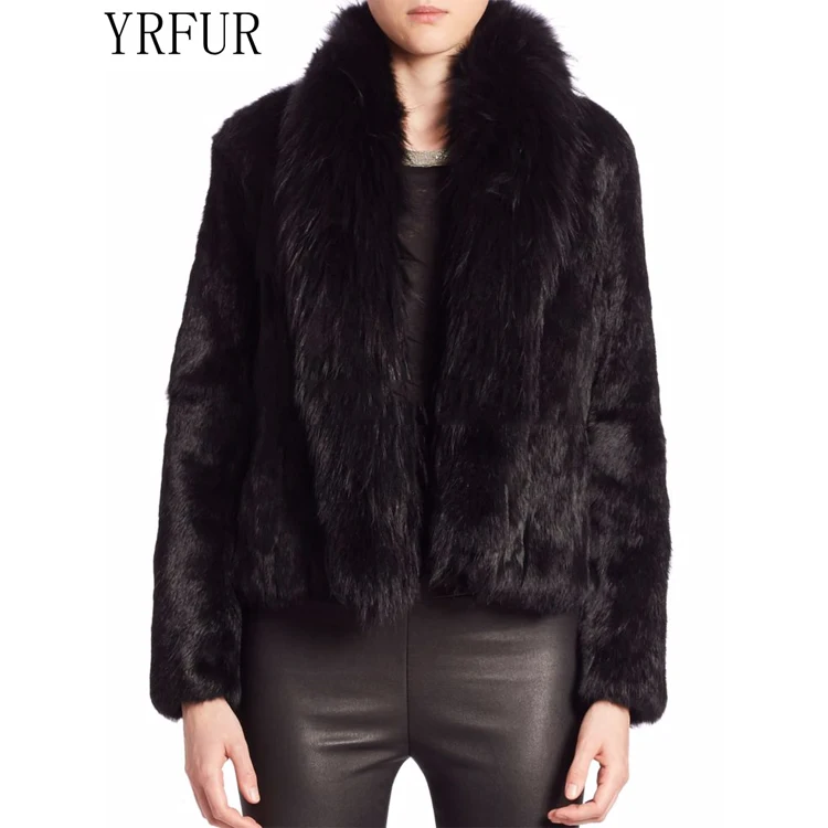 YR973 Newest Style Rabbit Fur With Raccoon Fur Shawl Collar Jacket Rabbit Fur Coat