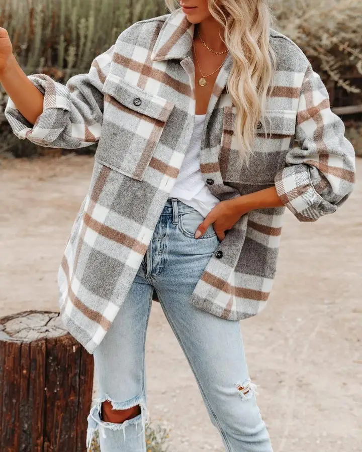 Women Coats Fall Winter Warm Blouses Long Sleeve Plaid Flannel Shirt