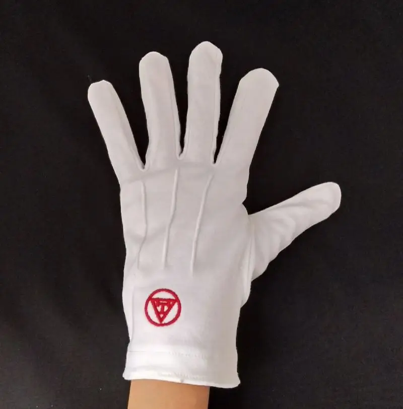 Top Quality Sfive Logo Blue White Gold Square Masonic Freemason Regalia White 100% Cotton Hand Embroidered Gloves