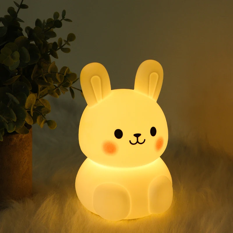 Biumart Hot Selling Products 2024 Baby Bedside Night Light USB Rechargeable Pat Dimmable RGB Cute Bunny Silicone Night Lamp