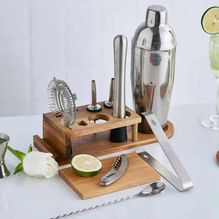Good Price Bartender Kit Bar Cocktail Shaker Mixer Set with Stand Spoon Muddler Strainer Tong Pourer Jigger Corkscrew Board