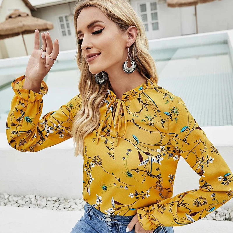 Casual Fashion Chiffon Blusas Women Floral Printed Lace-up Long Sleeve Loose Shirts Female Spring Fall Tops Wholesale Blouses