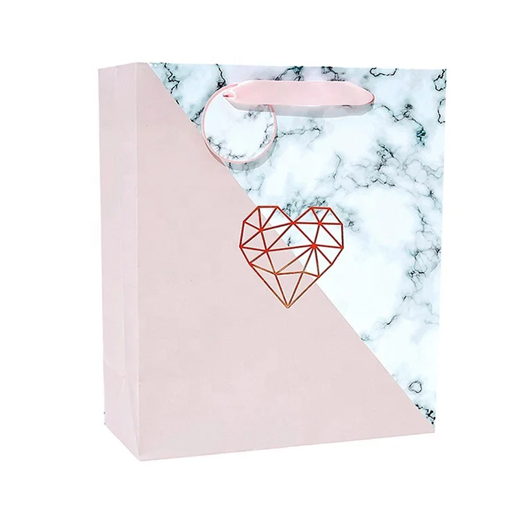 Оптовая продажа, розовый бумажный пакет для покупок на день рождения, роскошный бумажный подарочный пакет с ручкой