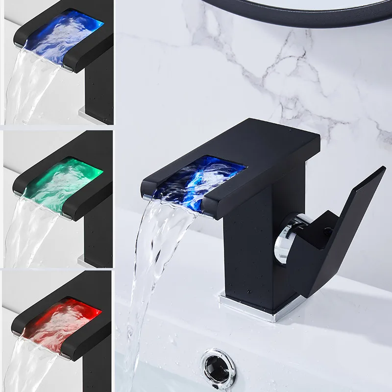 2021 Hot Sale Bathroom Washbasin Led Light Luminous Waterfall Tap Black Brass Body Countertop Hot And Cold Water Faucet
