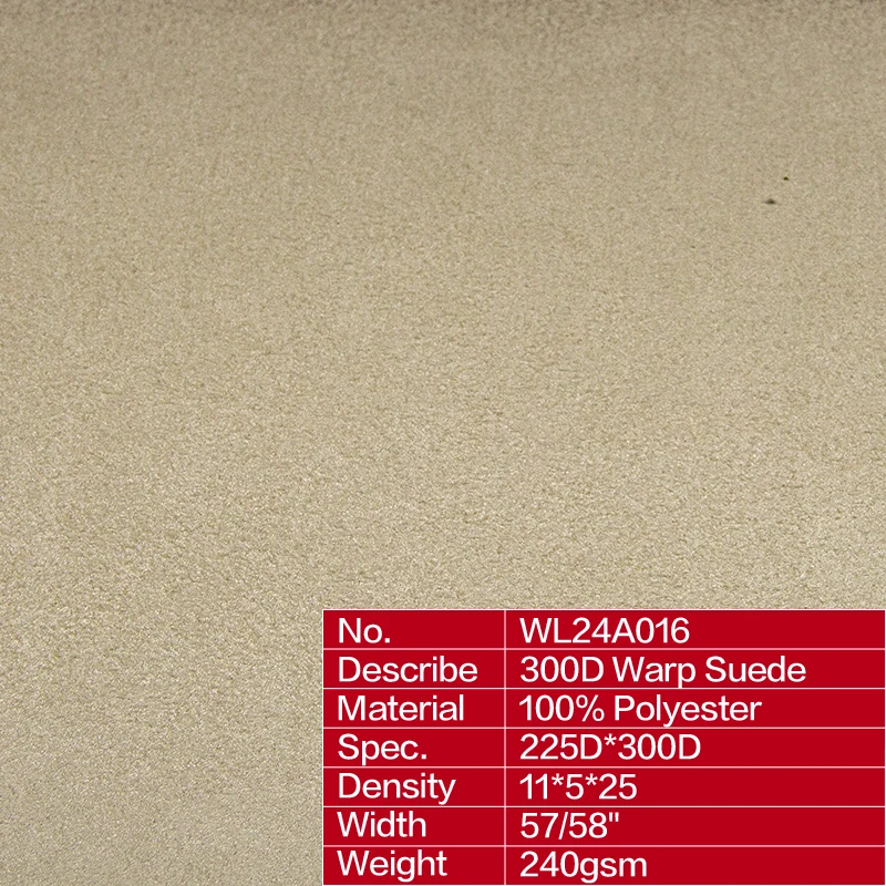 manufacture wholesale custom woven polyester 100%P 225D*300D 240gsm 300D warp suede fabric