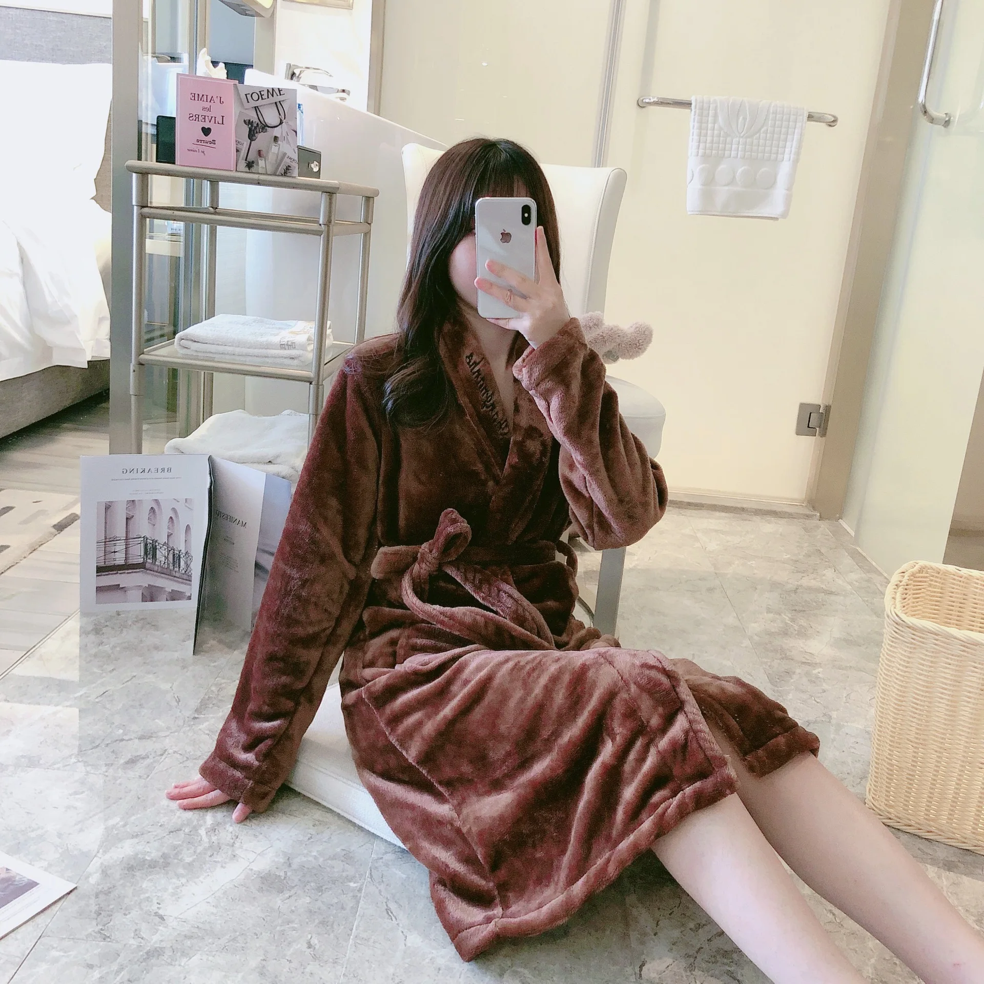 
Good price winter women flannel plus velvet thickening simple pure color bathing home service bathrobes 