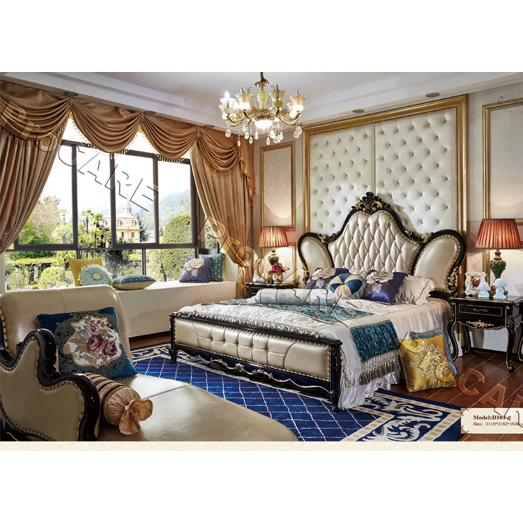 European Luxury Designs Wooden Carved Upholstered Bed Furniture