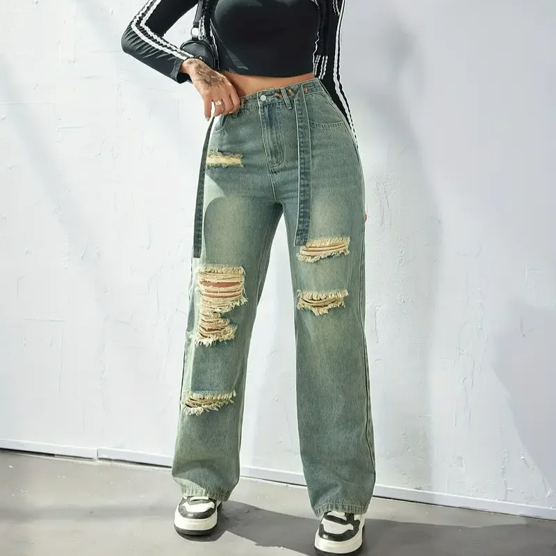 women casual high waist elegant ripped straight leg jeans fashion non-stretch denim distressed wide leg pants