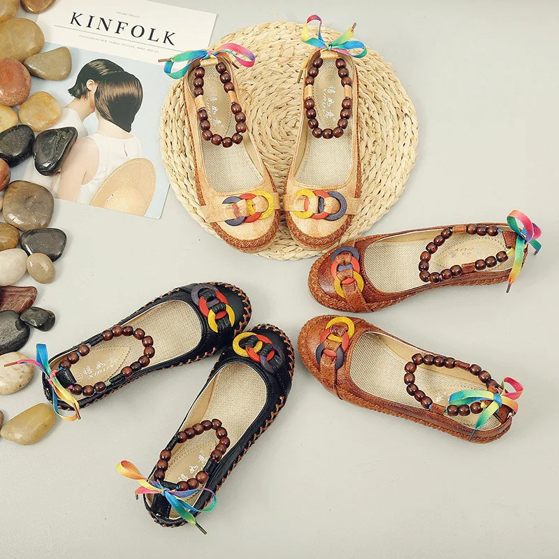 Женская льняная обувь в этническом стиле, с вышивкой, бисером, кружевом, кольцом, плоской спинкой, Ретро стиль