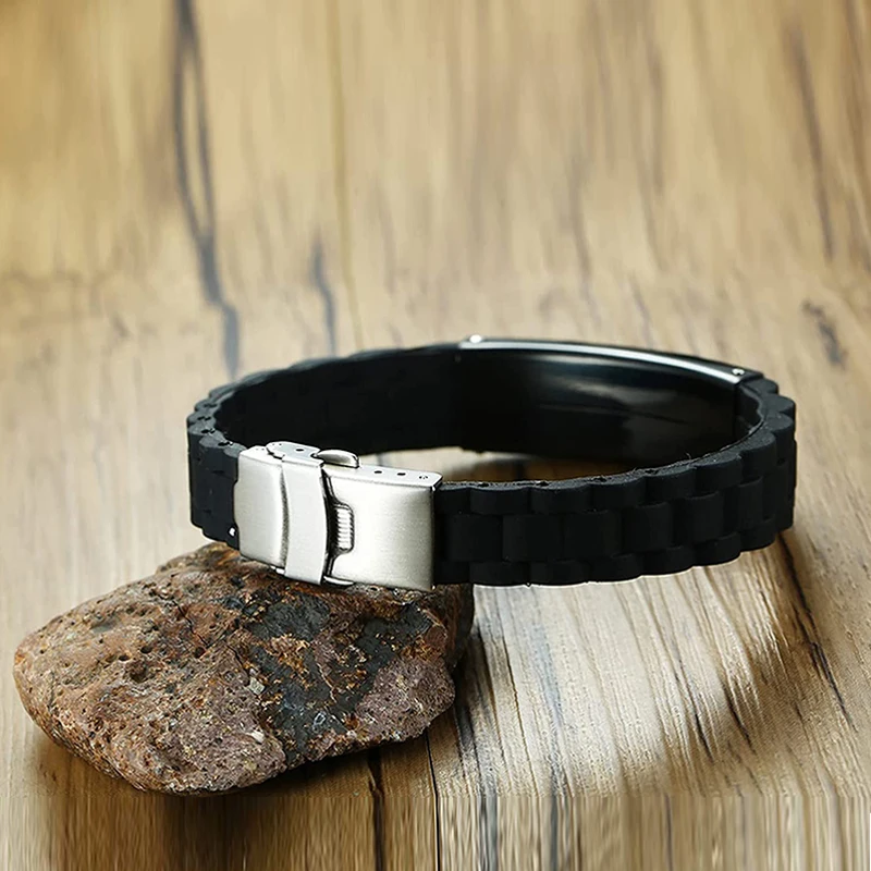 Custom Name Engraved Dad Wristband Fathers Day Jewelry Gift Men Blue Black Stainless Steel Silicone Leather Bracelet