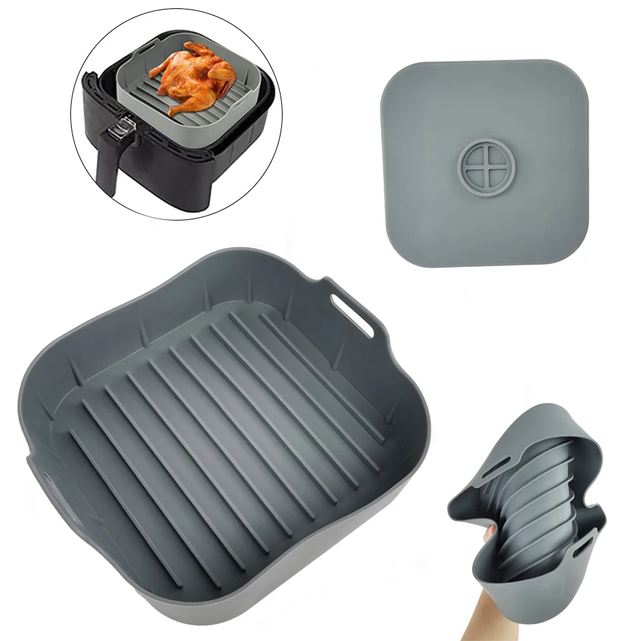 Air Fryer Silicone Liners and Handle,Square Non-stick Airfryer Basket Accessories Reusable Washable Silicone Pot