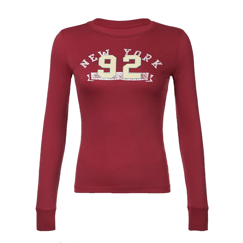 American hot round neck T-shirt autumn new street cool long-sleeved red bottoming shirt top for women