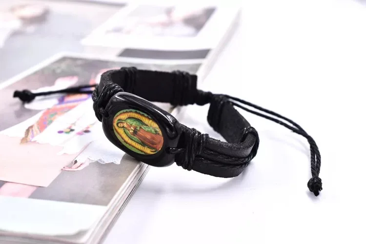 Wholesale Religious Holy Mother Maria Love Jesus Christ Cross Charm Christian Gift Jesus Bang Leather Bracelet