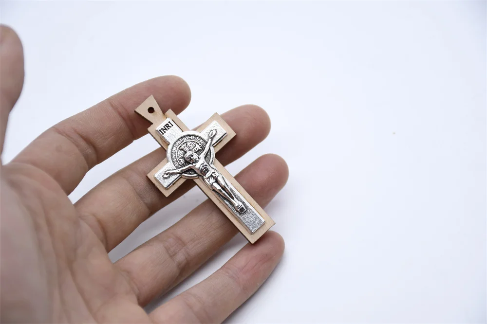 Religious Wooden Cross Charm Jerusalem St Benedict Alloy  Jesus Crucifix Pendant