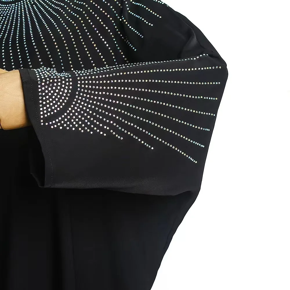 J&H 2022 latest design luxury rhinestone abaya women muslim dress black robes free size Islamic clothing kaftan style