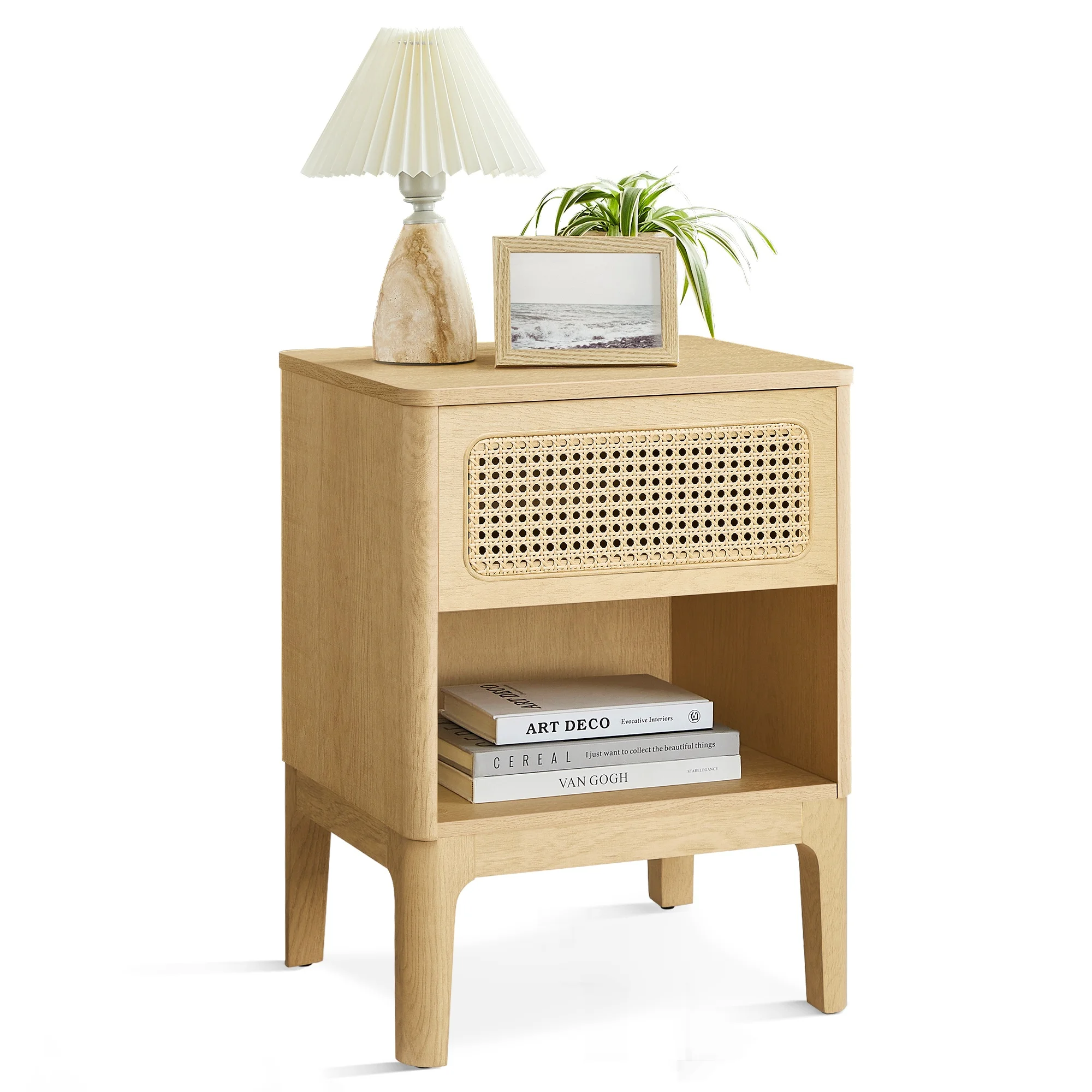 VASAGLE Modern Side Table for Bedroom Boho Bedside Table with 1 Upper Drawer Rattan Nightstand