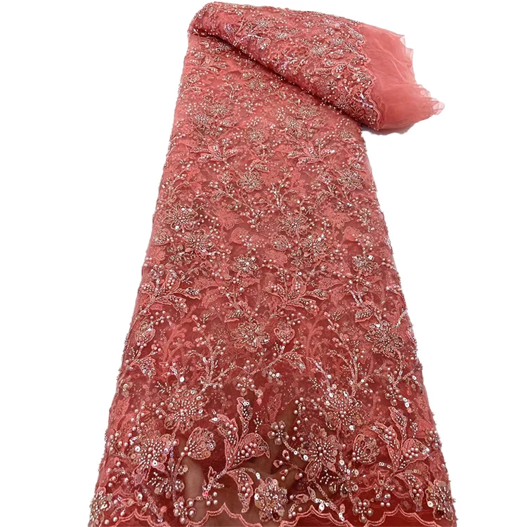 Glitter French Lace Sequins Beads Embroidered Tulle Green Beaded Lace Fabric