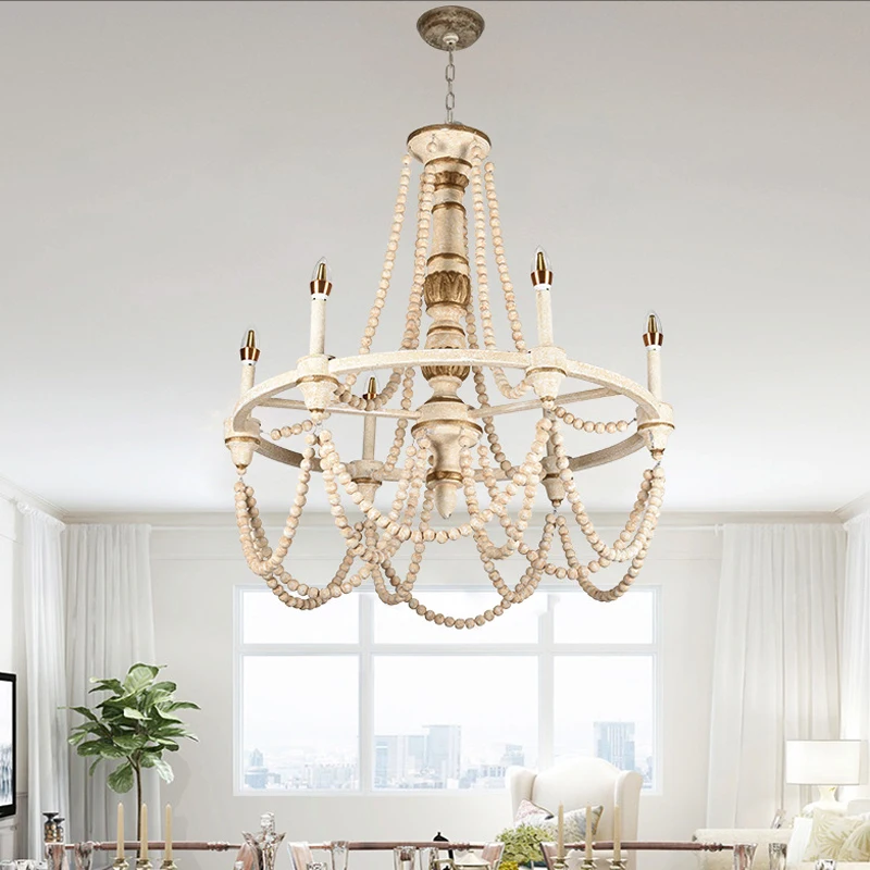 Farmhouse Wood Beaded White Color Chandelier for Dining Room Entryway Light Fixtures