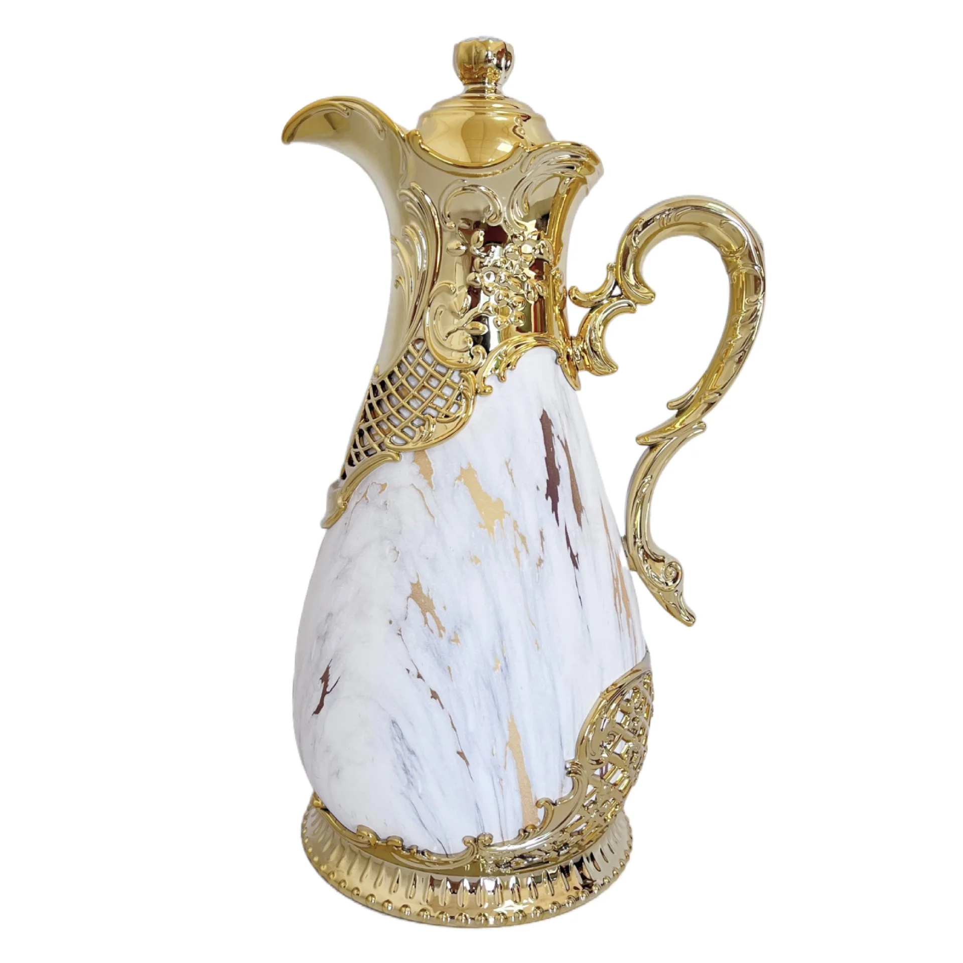 0.5L/0.8L Stainless Steel Dallah with Decorative Gold Plating Vacuum Insulated Thermos Flask Arabic Coffee Pot Home Party Use