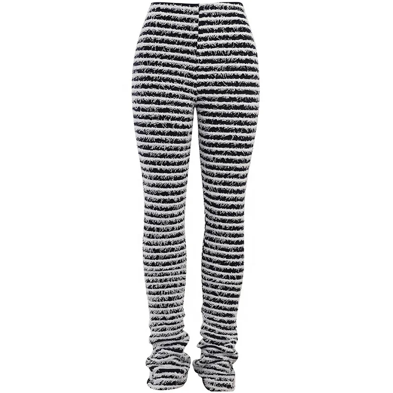 Furry High Waist Stripe Print Sexy Pants Leggings 2023 Fall Winter Women Fashion Casual Streetwear Y2K Jogger Wholesale