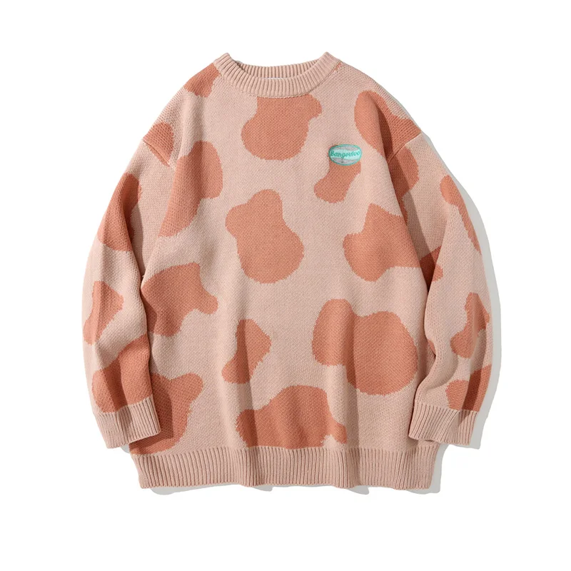 AW 2022 oversized desgin cow jacquard knitted pattern round neck casual pullover sweater