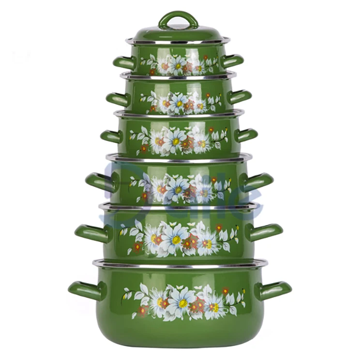 Green Decal Knitted Backing Enamel Coated Pot Cookware Sets Safe With Lid