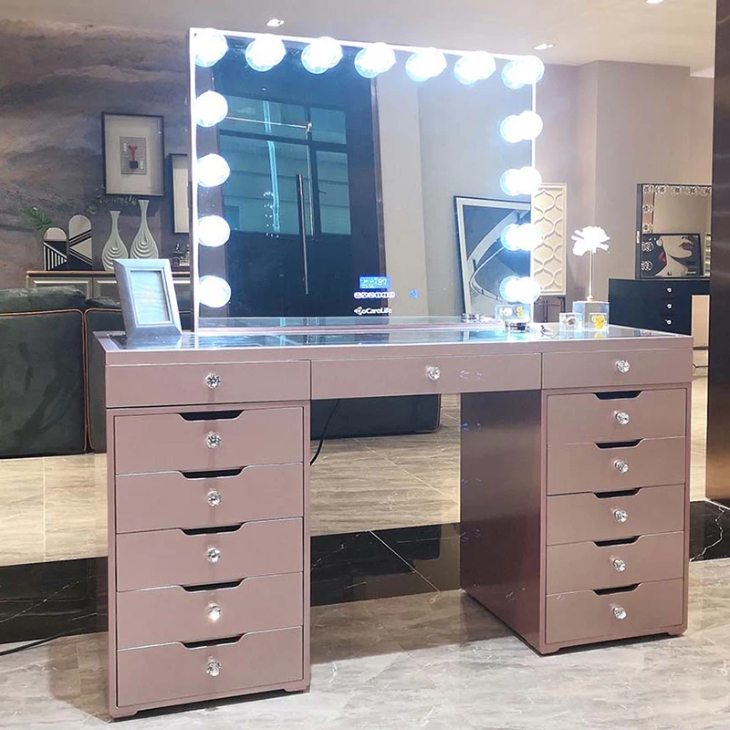 Wedding Beauty Shop Pink Wooden Drawer Makeup Chest with Bulb Vanity Mirror Clear Table Top Lots of Storage for Makeup Table