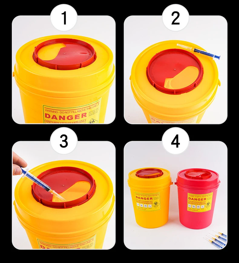 Rotating Lid Design 8litre Transparent Touchless Biohazard Needle and Syringe Disposal Medical Sharps Container With Handle