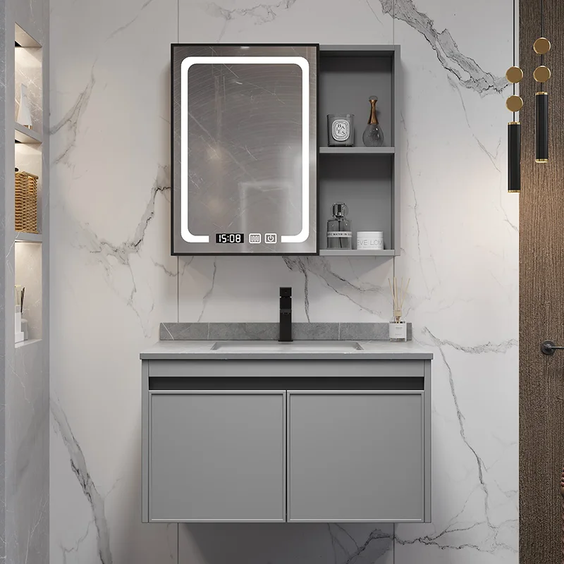 Wholesale modern minimalism style space aluminum wall mounted rock plate luxury hotel washroom rectangle bathroom mirror cabinet