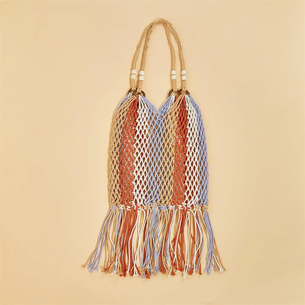Wholesale Cotton Polyester Rope Handmade Woven Hollow Tassel Handbag Multicolor Rope Ring Handles Grocery Girls Outdoor Casual