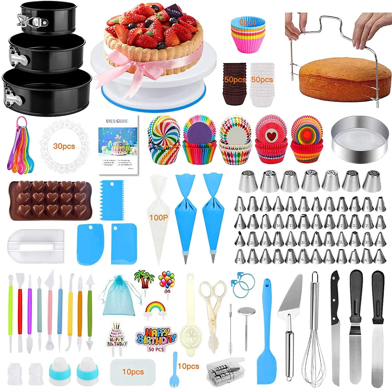 507 PCS Cake Decorating Supplies with Springform Cake Pans,Cake Rotating Turntable,Piping Icing Tips for Cake Decorating Kit