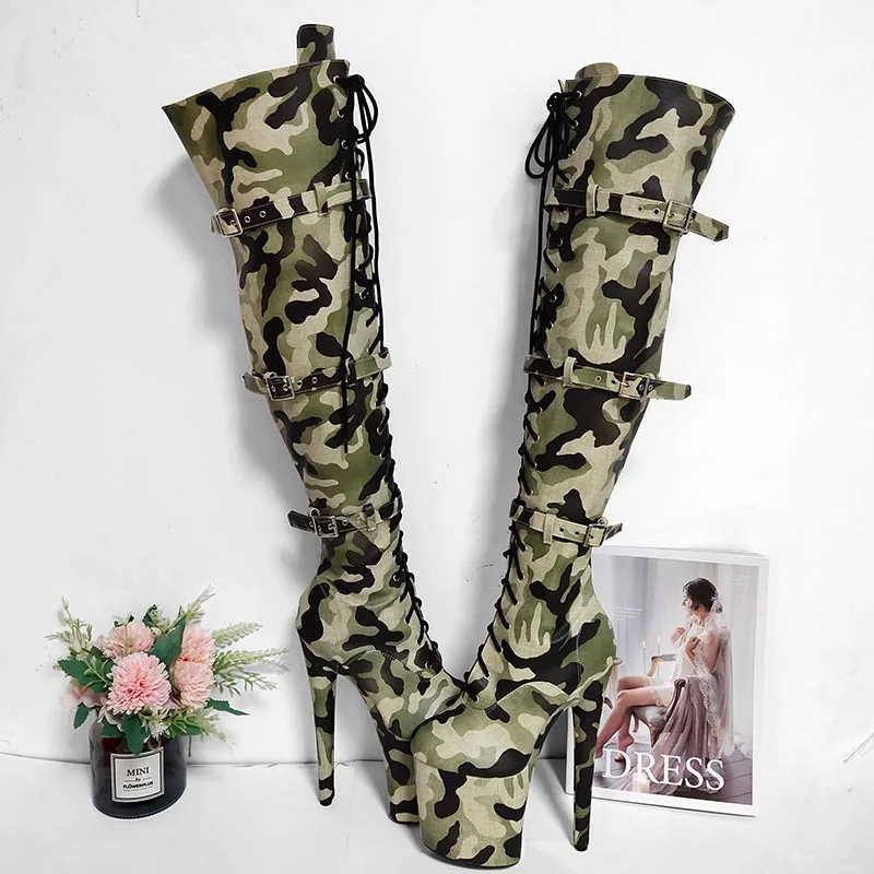 20CM Tacones Mujer Talons Femmes Camouflage Shoes Sexy Over-the-knee Thigh High Heels Pole Dance Shoes Platform Boots For Women