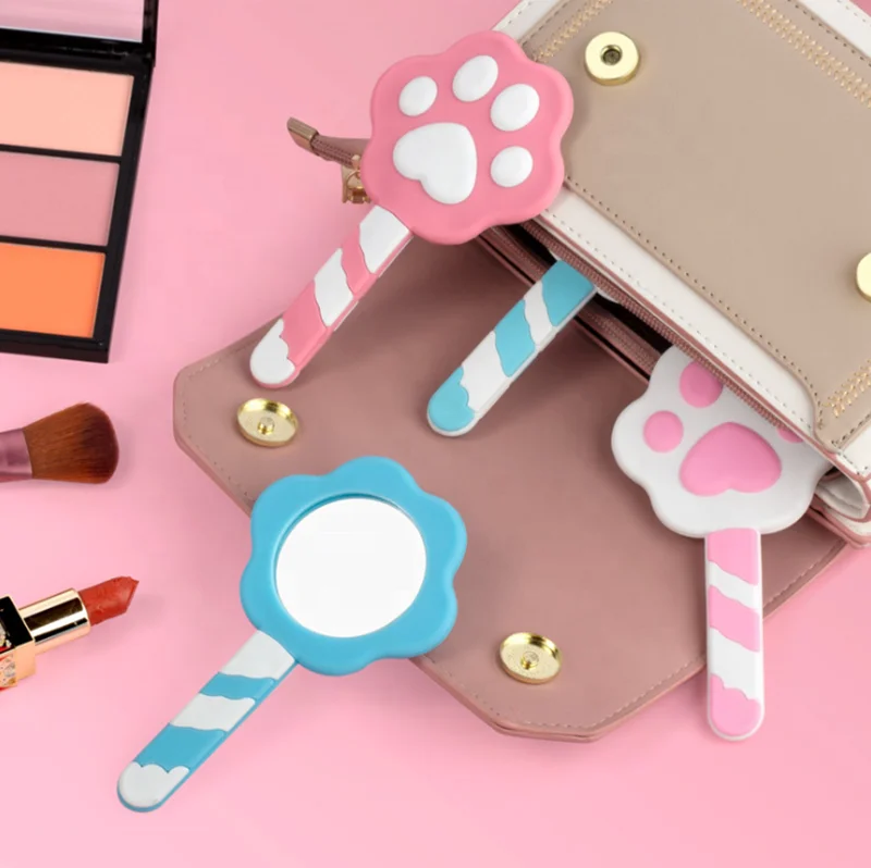 Custom Cartoon Design Cat Paw Makeup Mirror Girl Pocket Mirror Soft Silicone PVC Handheld Lovely Cosmetic Mirror